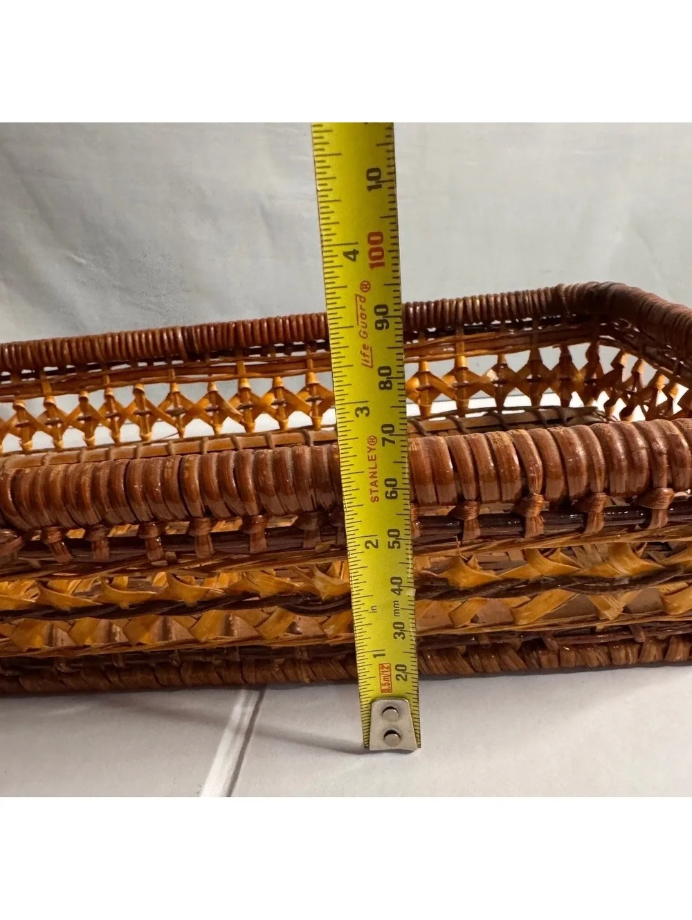 Handwoven Rectangular Rattan Basket Tray with Geometric Pattern